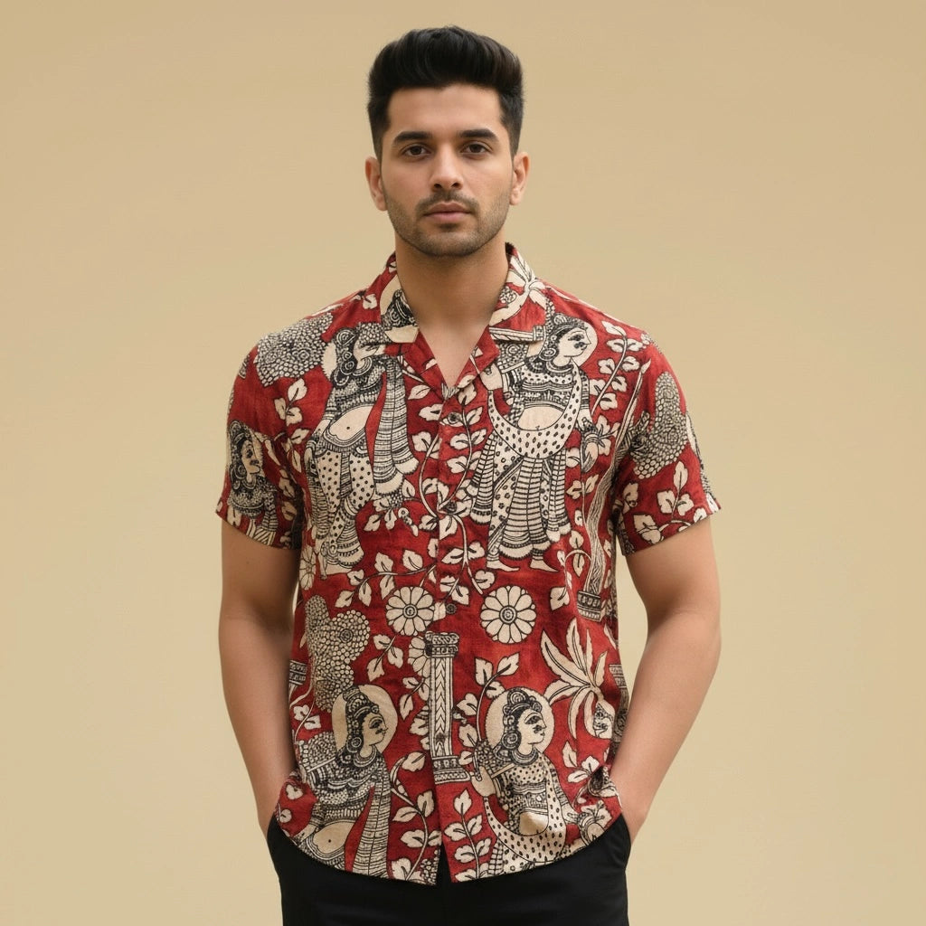 Red Kalamkari Shirt | Linen Fabric and Corozzo Buttons