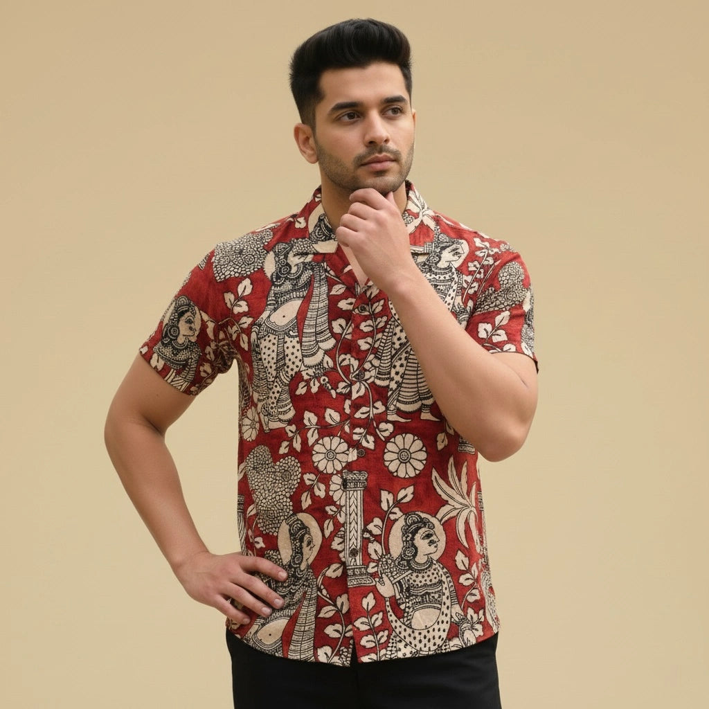 Red Kalamkari Shirt | Linen Fabric and Corozzo Buttons