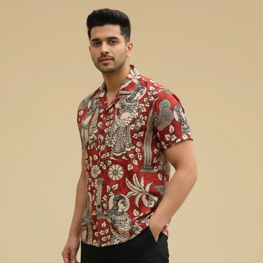 Red Kalamkari Shirt | Linen Fabric and Corozzo Buttons