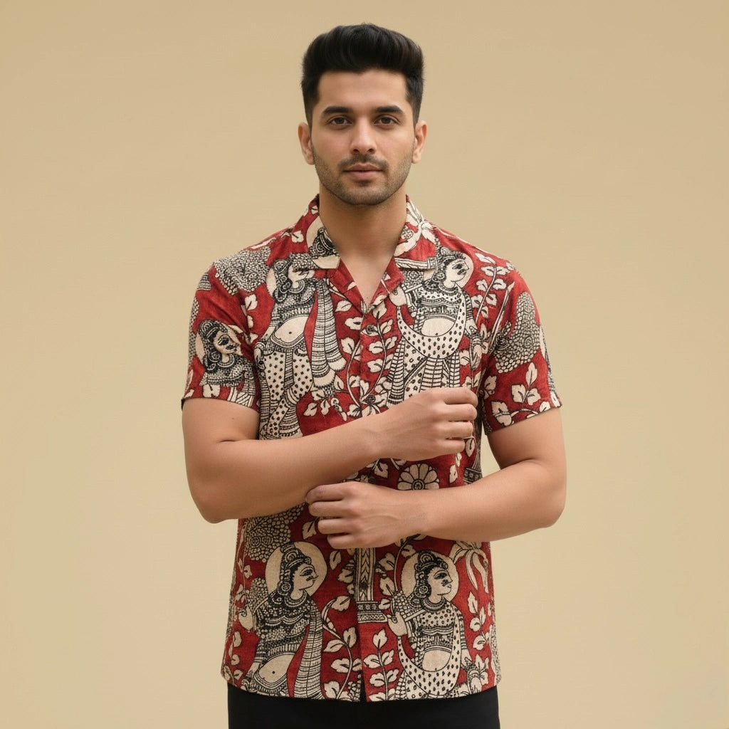 Red Kalamkari Shirt | Linen Fabric and Corozzo Buttons