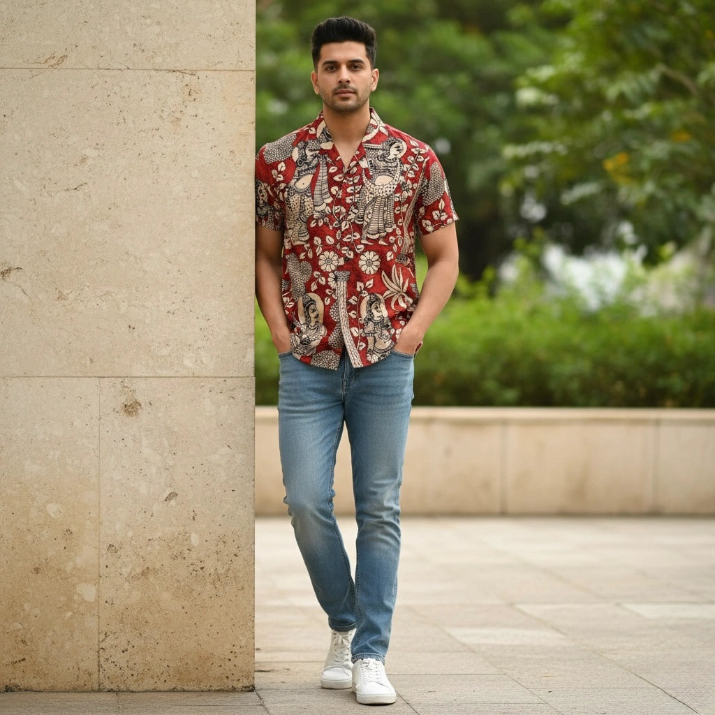 Red Kalamkari Shirt | Linen Fabric and Corozzo Buttons