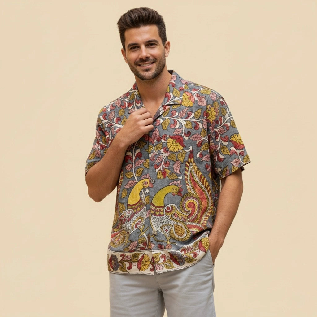 Yellow Kalamkari Shirt | Linen Shirt with Corozzo Buttons