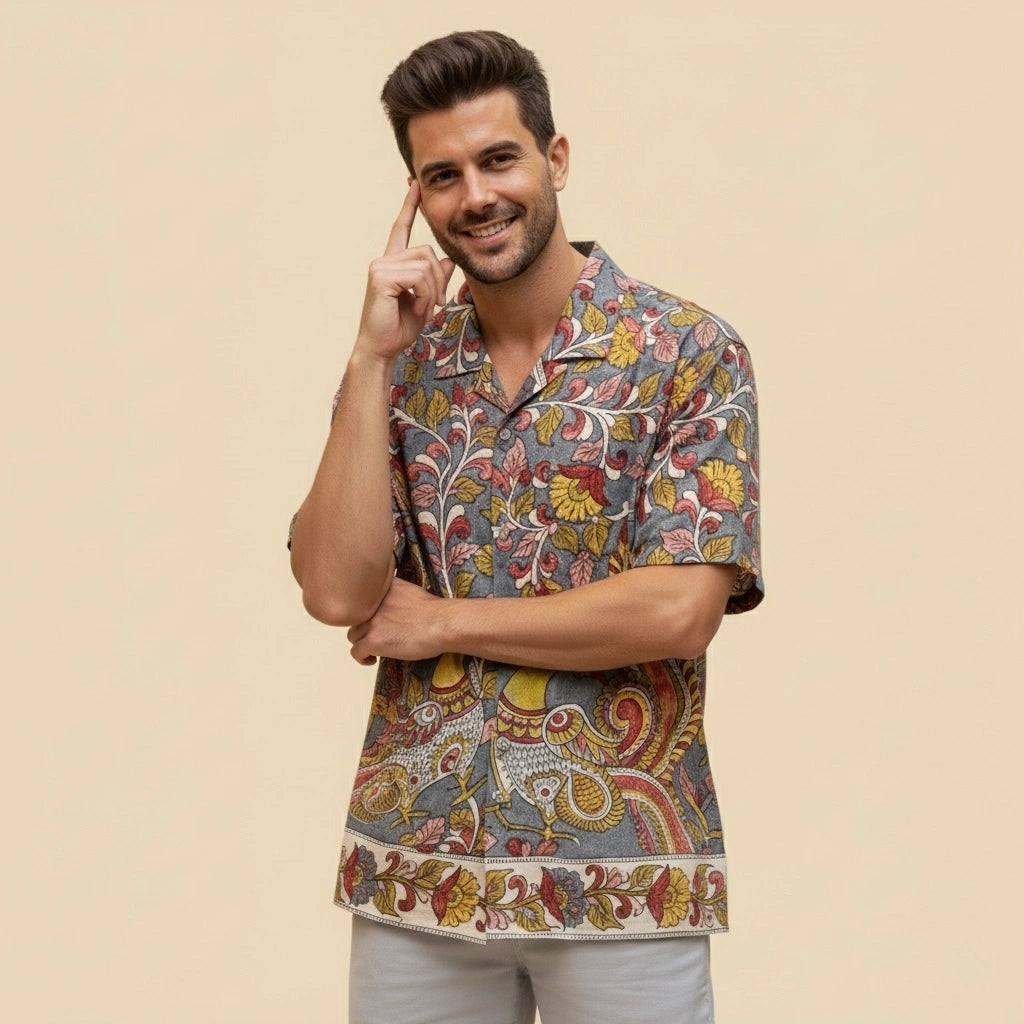 Yellow Kalamkari Shirt | Linen Shirt with Corozzo Buttons