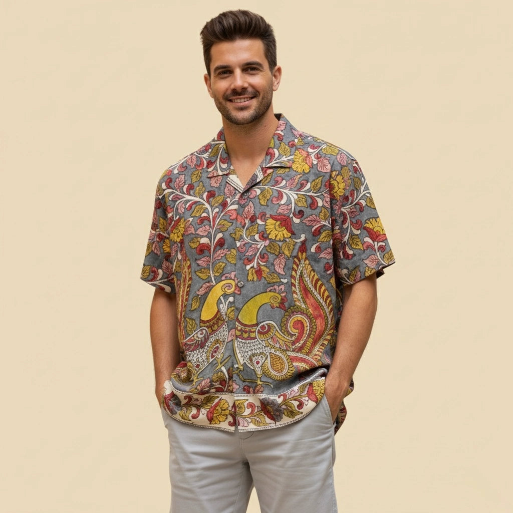 Yellow Kalamkari Shirt | Linen Shirt with Corozzo Buttons