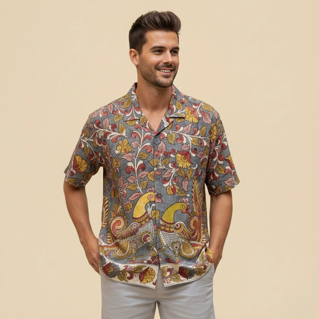 Yellow Kalamkari Shirt | Linen Shirt with Corozzo Buttons