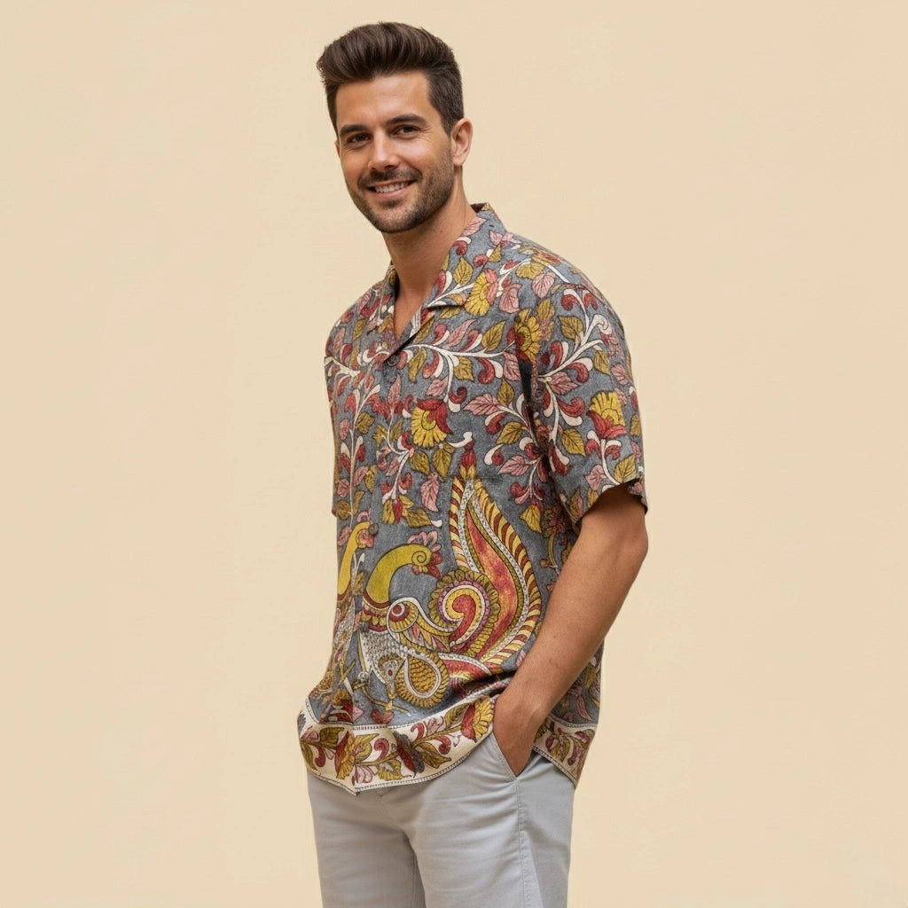 Yellow Kalamkari Shirt | Linen Shirt with Corozzo Buttons