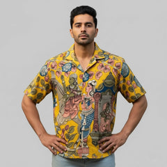 Men’s Yellow Kalamkari Printed Linen Shirt for Casual and Festive Wear