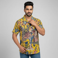 Men’s Yellow Kalamkari Printed Linen Shirt for Casual and Festive Wear