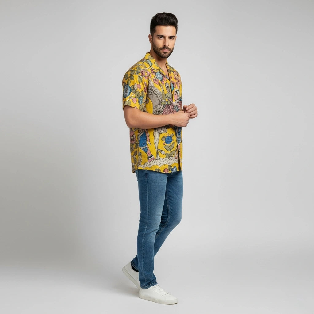 Men’s Yellow Kalamkari Printed Linen Shirt for Casual and Festive Wear
