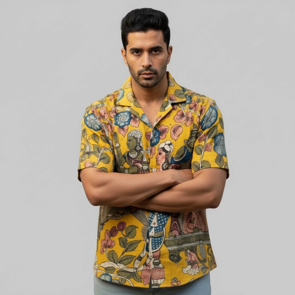 Men’s Yellow Kalamkari Printed Linen Shirt for Casual and Festive Wear