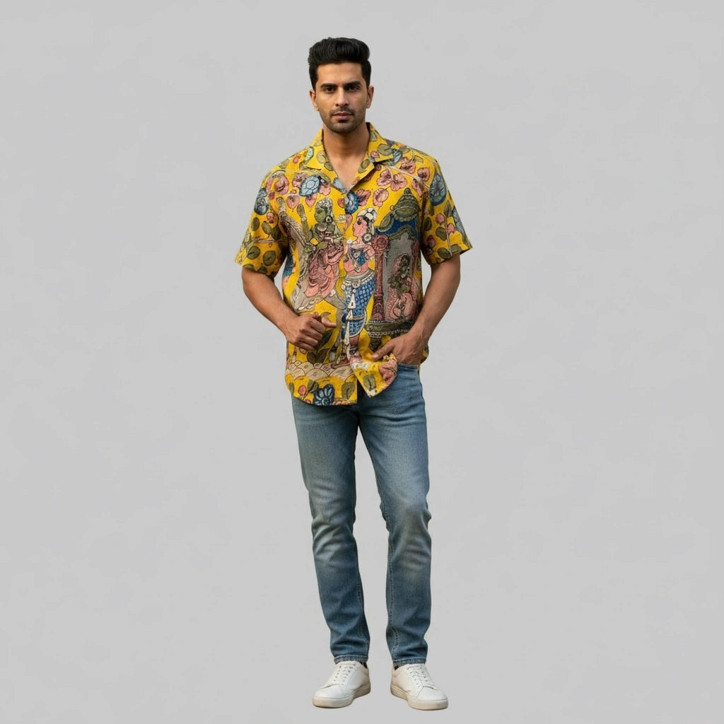 Men’s Yellow Kalamkari Printed Linen Shirt for Casual and Festive Wear