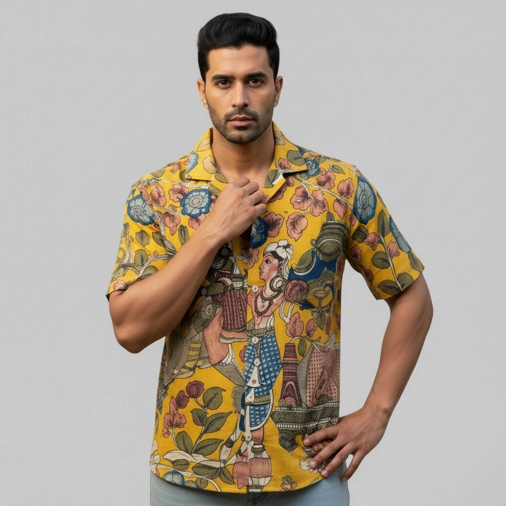Men’s Yellow Kalamkari Printed Linen Shirt for Casual and Festive Wear