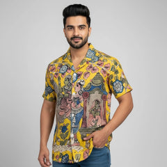 Men’s Yellow Kalamkari Printed Linen Shirt for Casual and Festive Wear