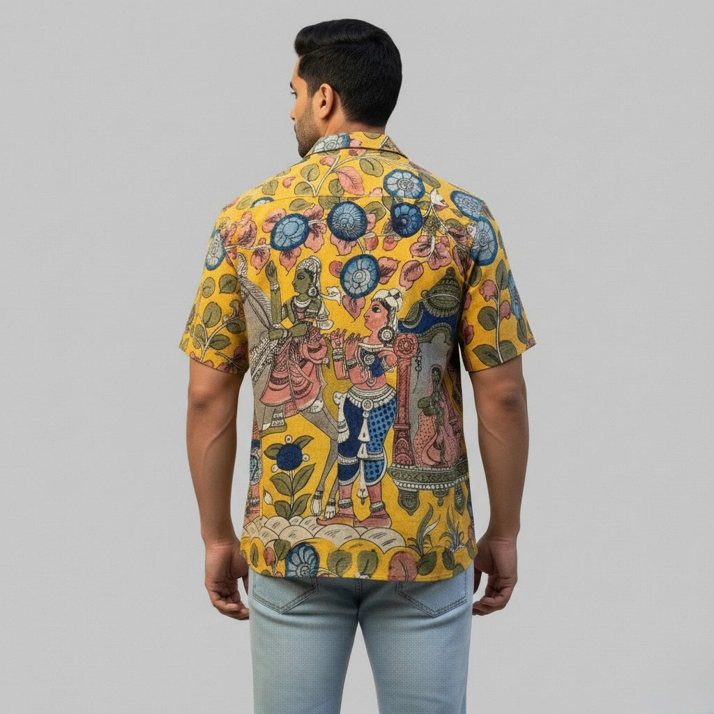 Men’s Yellow Kalamkari Printed Linen Shirt for Casual and Festive Wear