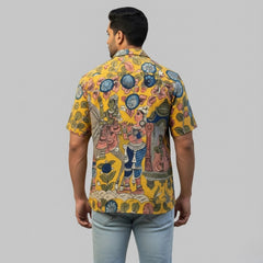 Men’s Yellow Kalamkari Printed Linen Shirt for Casual and Festive Wear