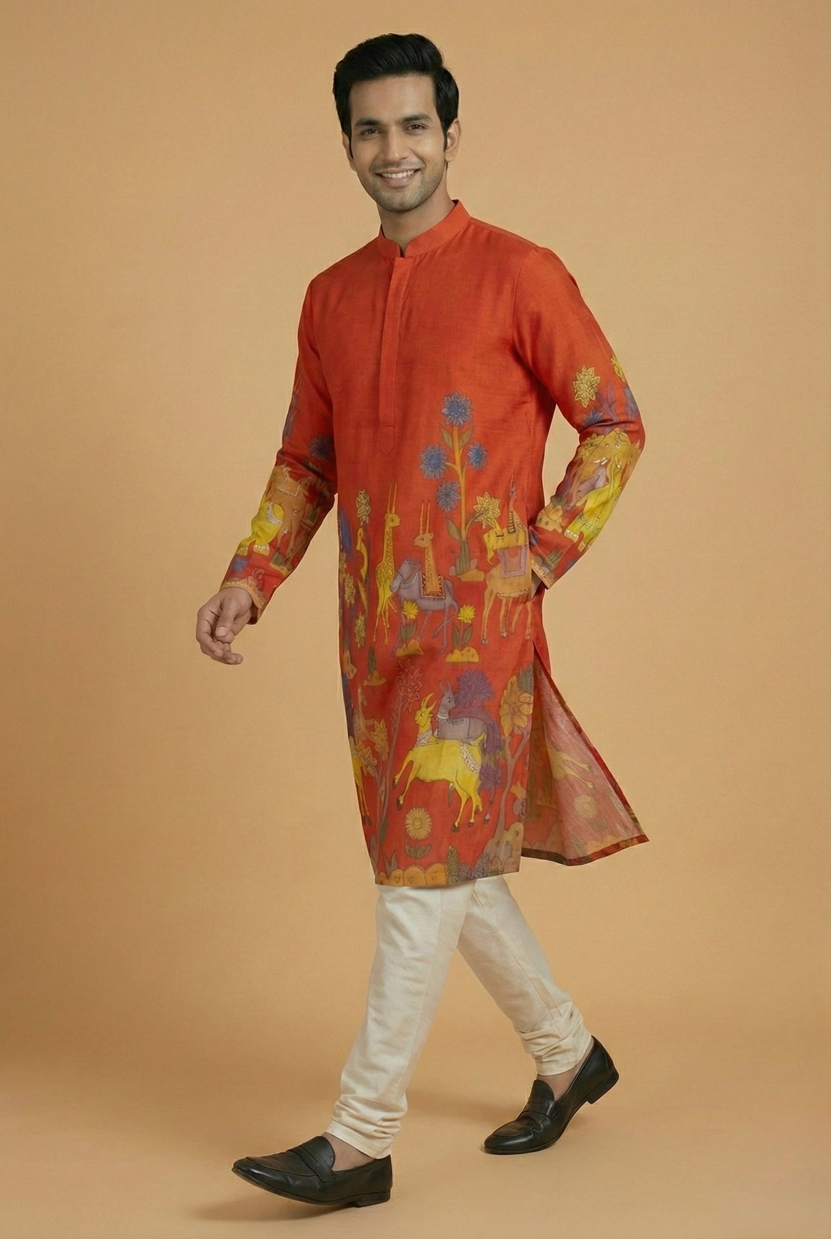 Men’s Red Kalamkari Print Cotton Kurta | Ethnic Festive Wear Kurta
