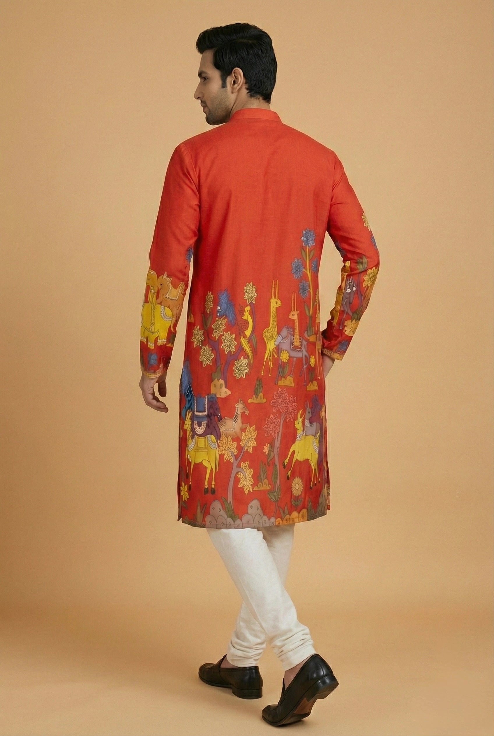 Men’s Red Kalamkari Print Cotton Kurta | Ethnic Festive Wear Kurta