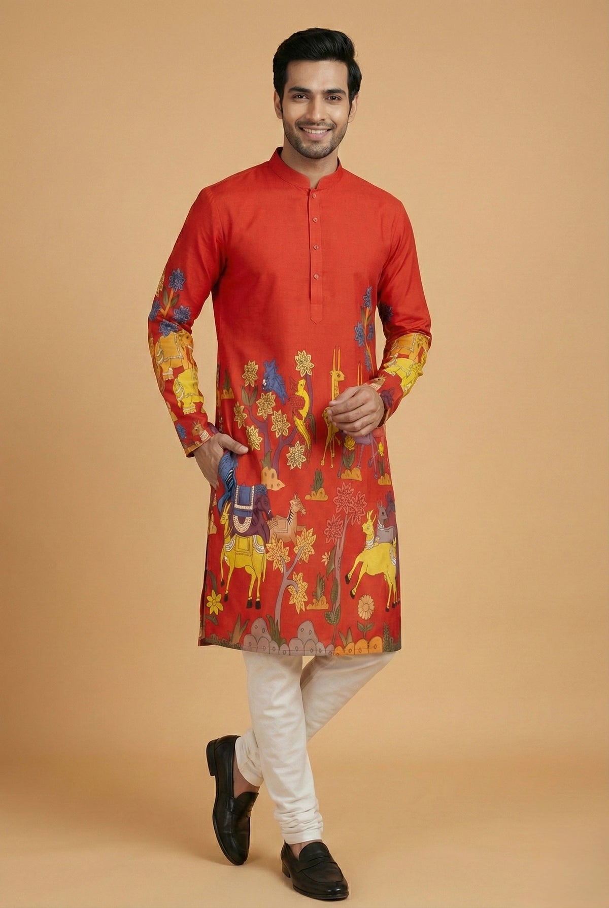Men’s Red Kalamkari Print Cotton Kurta | Ethnic Festive Wear Kurta