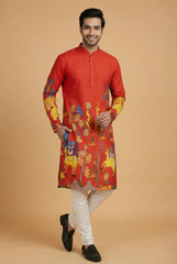 Men’s Red Kalamkari Print Cotton Kurta | Ethnic Festive Wear Kurta