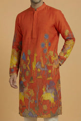 Men’s Red Kalamkari Print Cotton Kurta | Ethnic Festive Wear Kurta