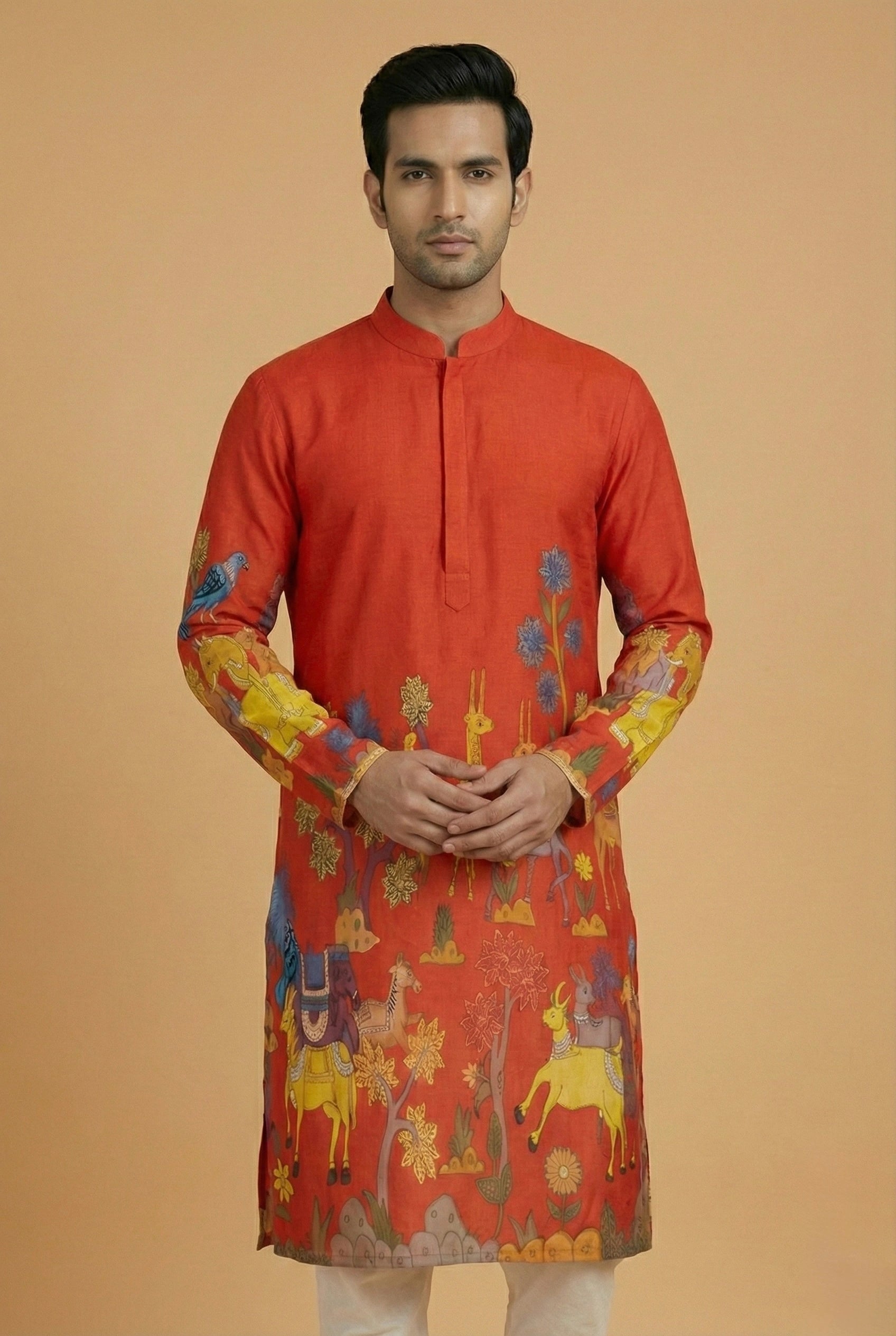 Men’s Red Kalamkari Print Cotton Kurta | Ethnic Festive Wear Kurta