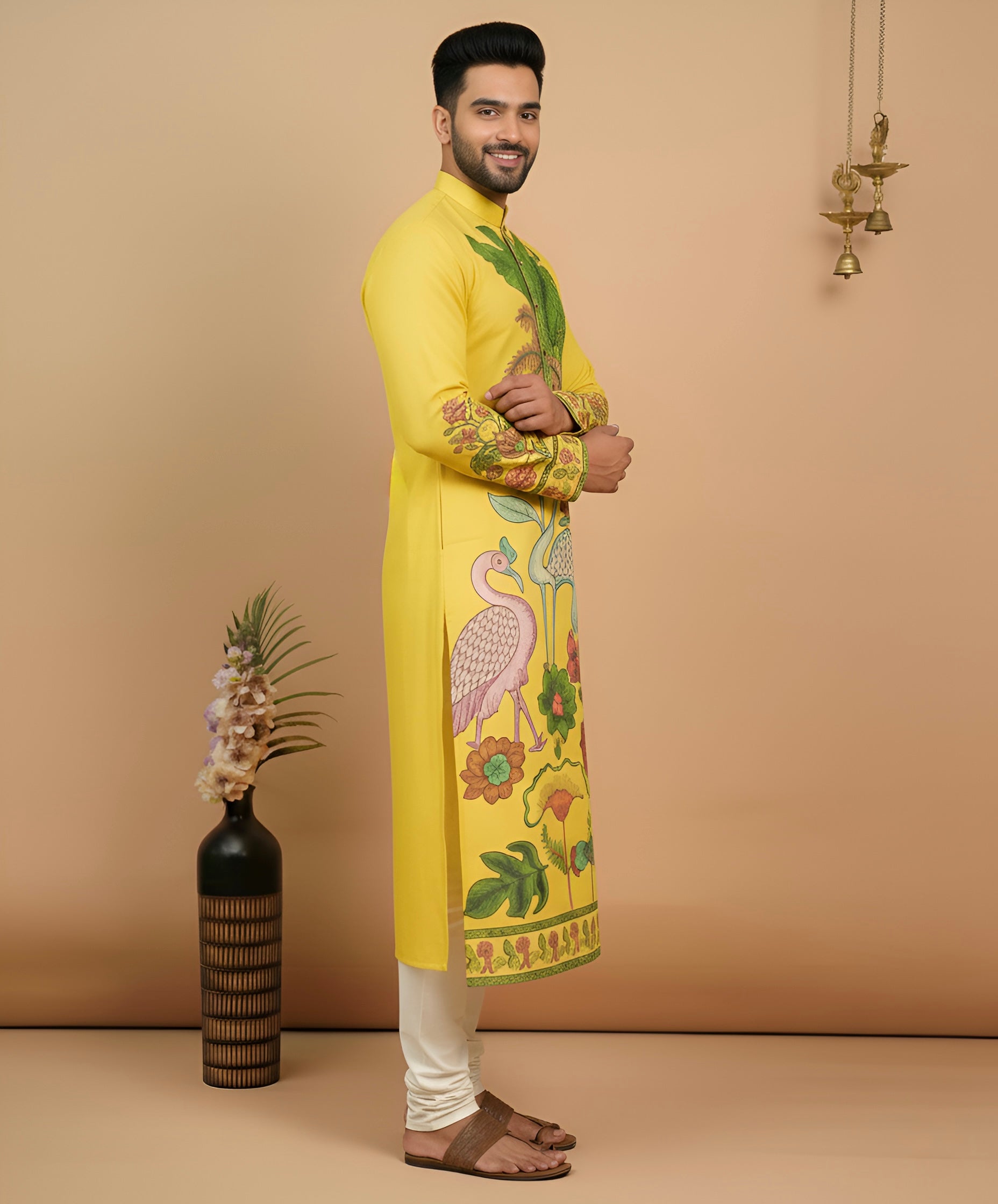 Men’s Yellow Kalamkari Swan Print Cotton Kurta | Ethnic Festive Wear