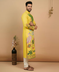 Men’s Yellow Kalamkari Swan Print Cotton Kurta | Ethnic Festive Wear