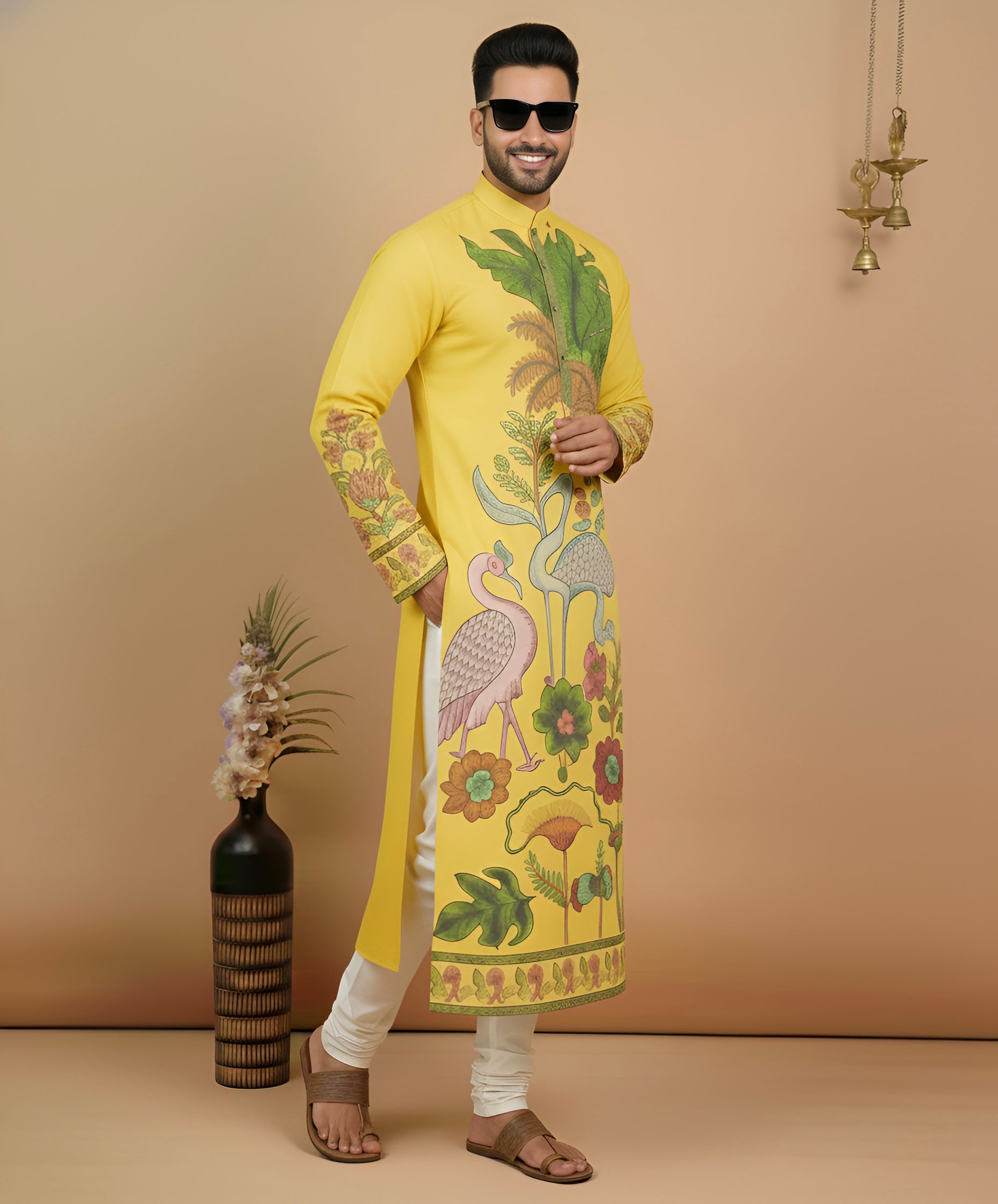 Men’s Yellow Kalamkari Swan Print Cotton Kurta | Ethnic Festive Wear