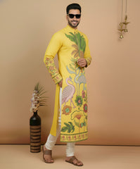 Men’s Yellow Kalamkari Swan Print Cotton Kurta | Ethnic Festive Wear
