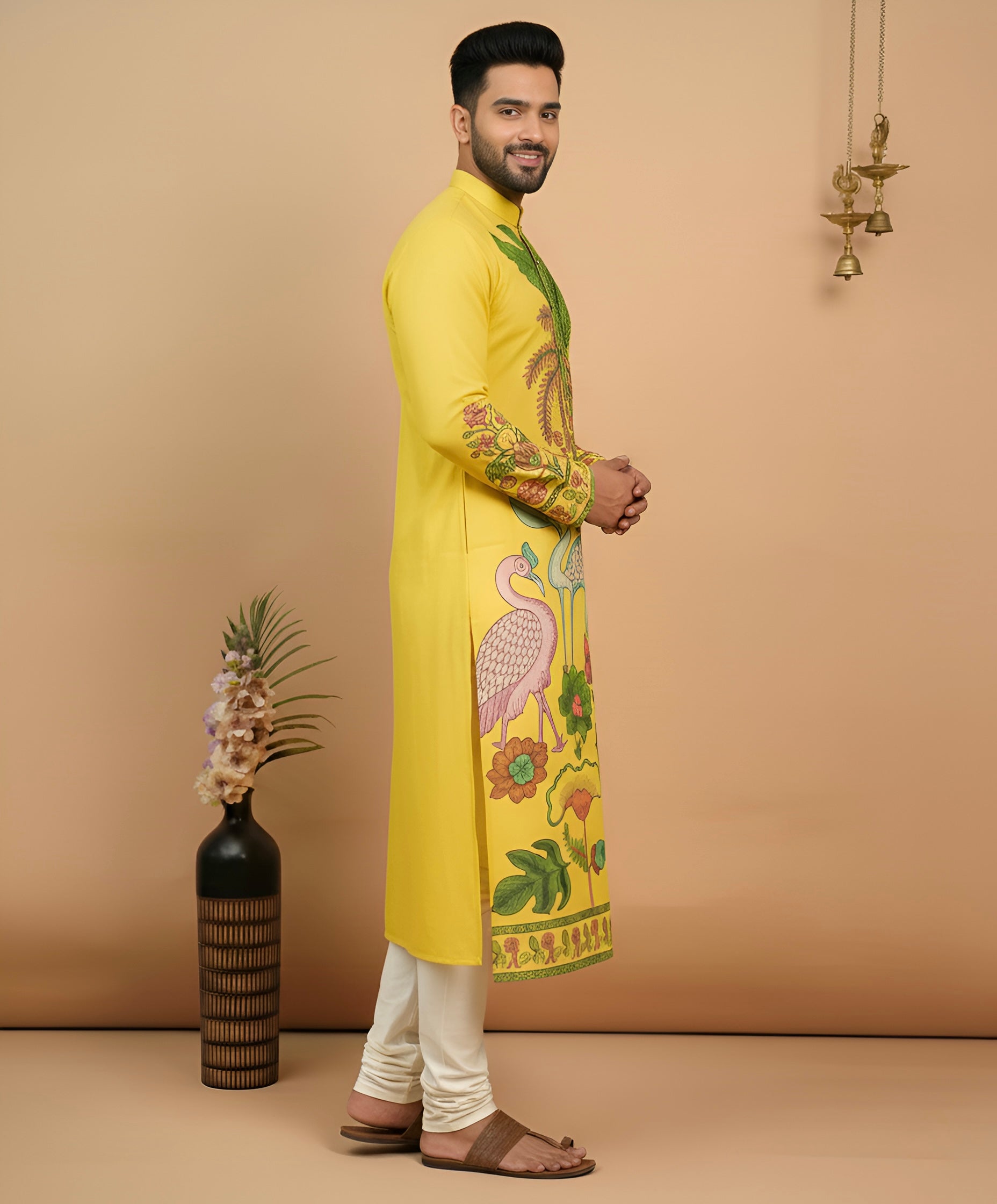 Men’s Yellow Kalamkari Swan Print Cotton Kurta | Ethnic Festive Wear
