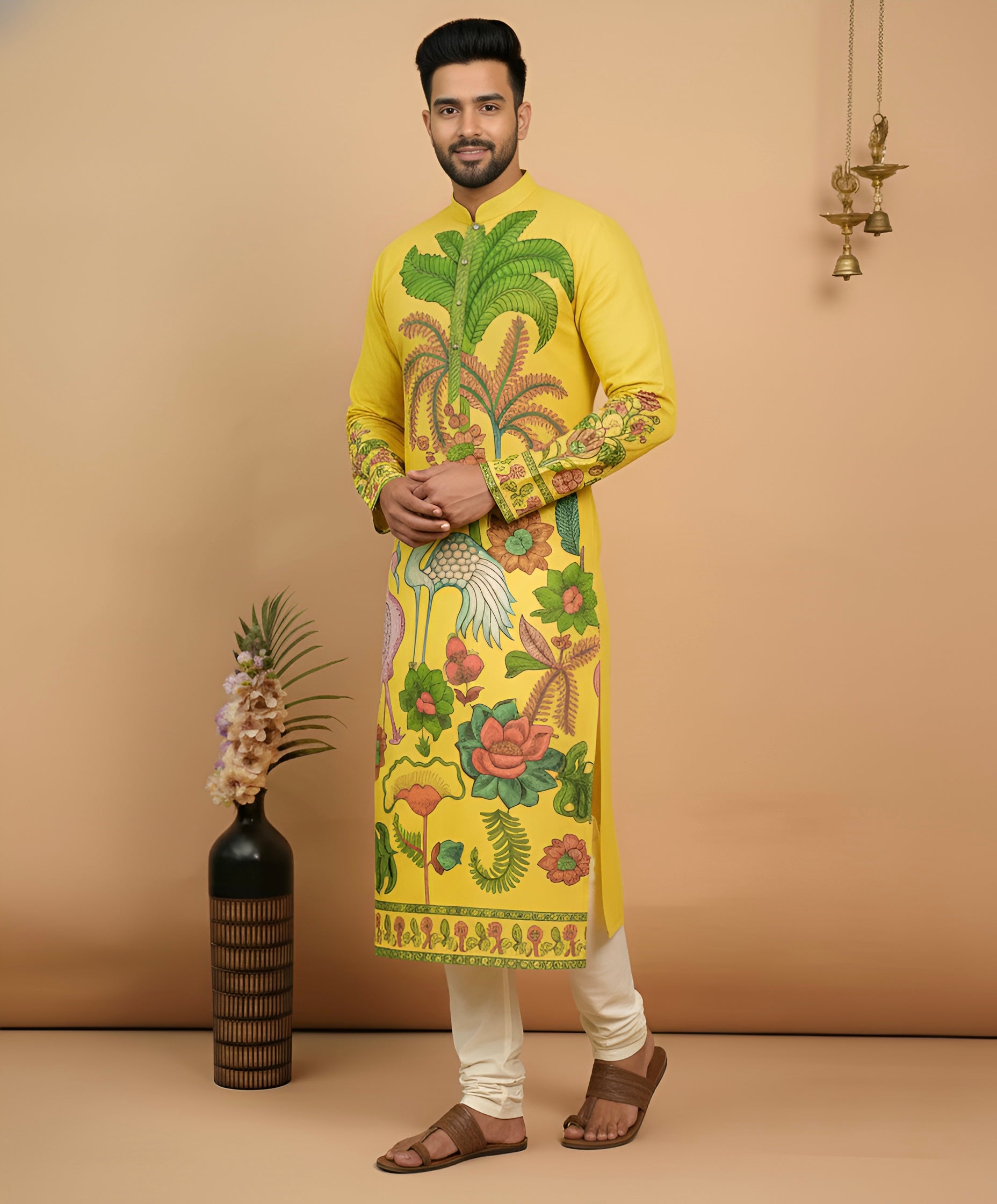 Men’s Yellow Kalamkari Swan Print Cotton Kurta | Ethnic Festive Wear