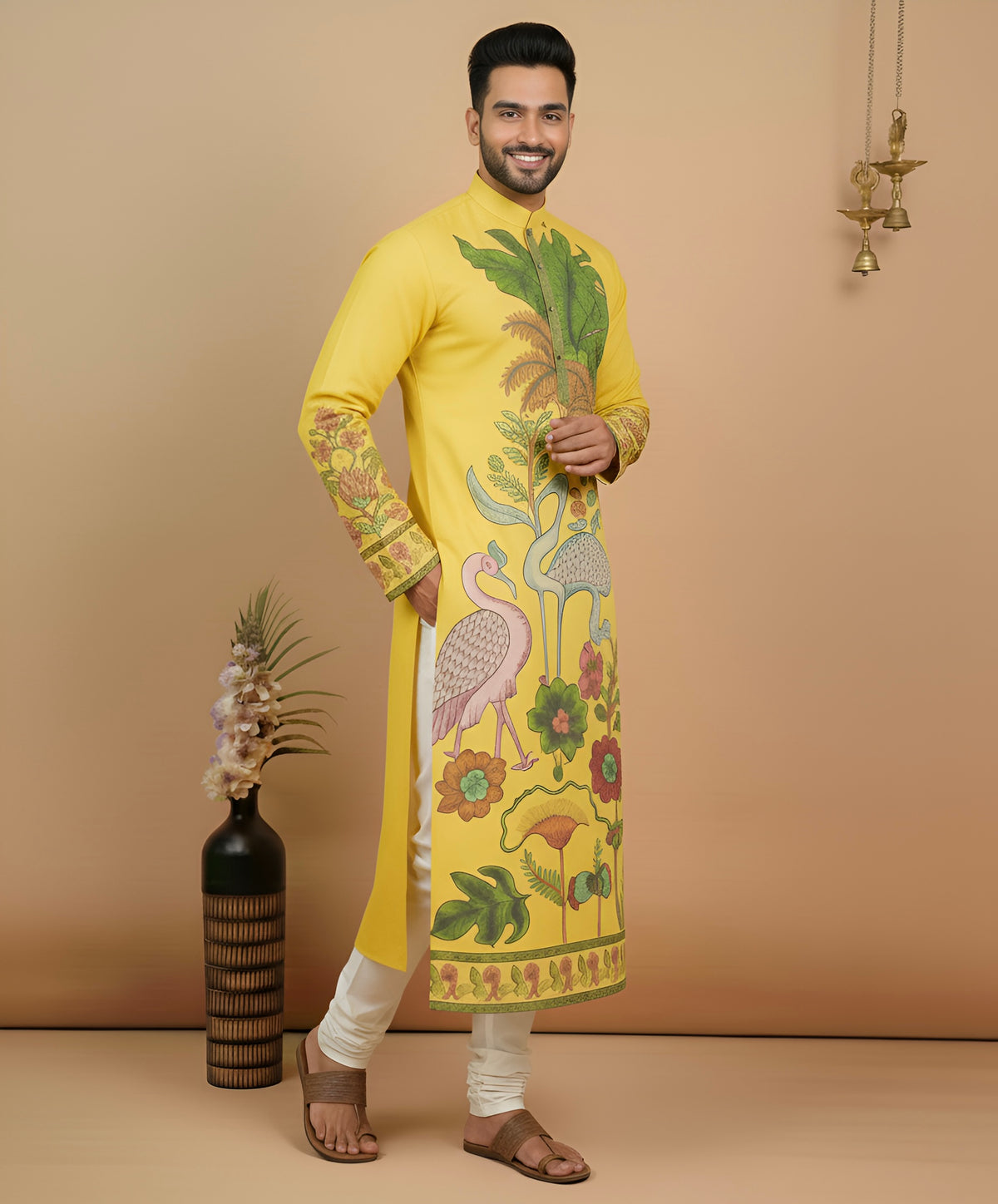 Men’s Yellow Kalamkari Swan Print Cotton Kurta | Ethnic Festive Wear