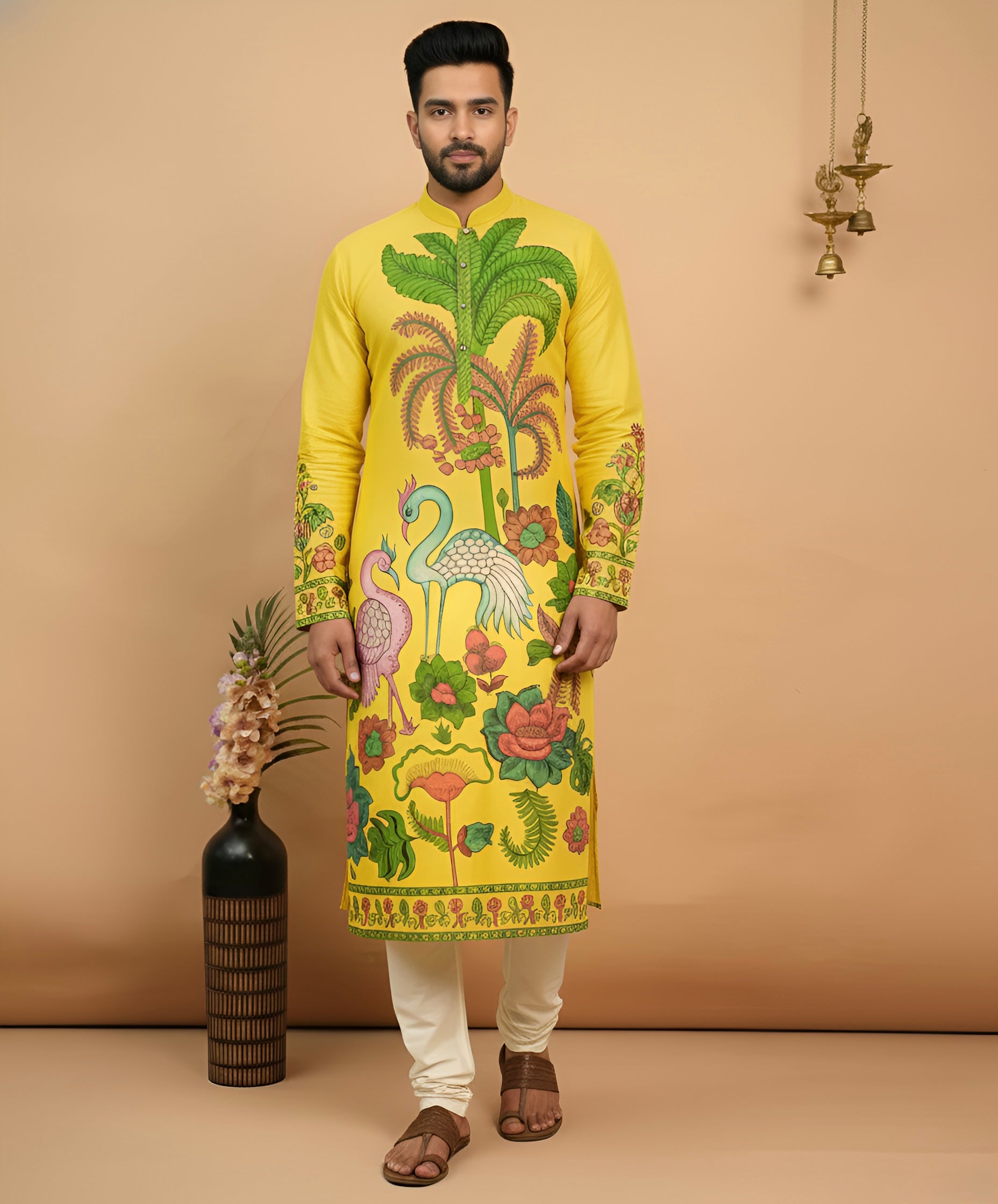 Men’s Yellow Kalamkari Swan Print Cotton Kurta | Ethnic Festive Wear