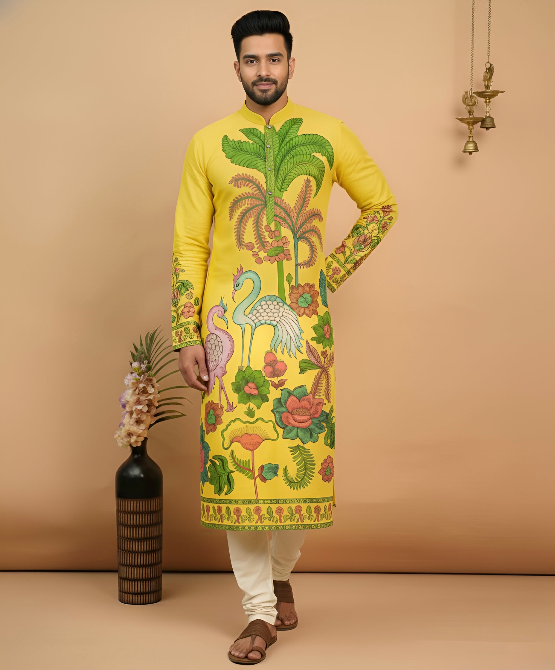 Men’s Yellow Kalamkari Swan Print Cotton Kurta | Ethnic Festive Wear