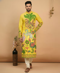 Men’s Yellow Kalamkari Swan Print Cotton Kurta | Ethnic Festive Wear