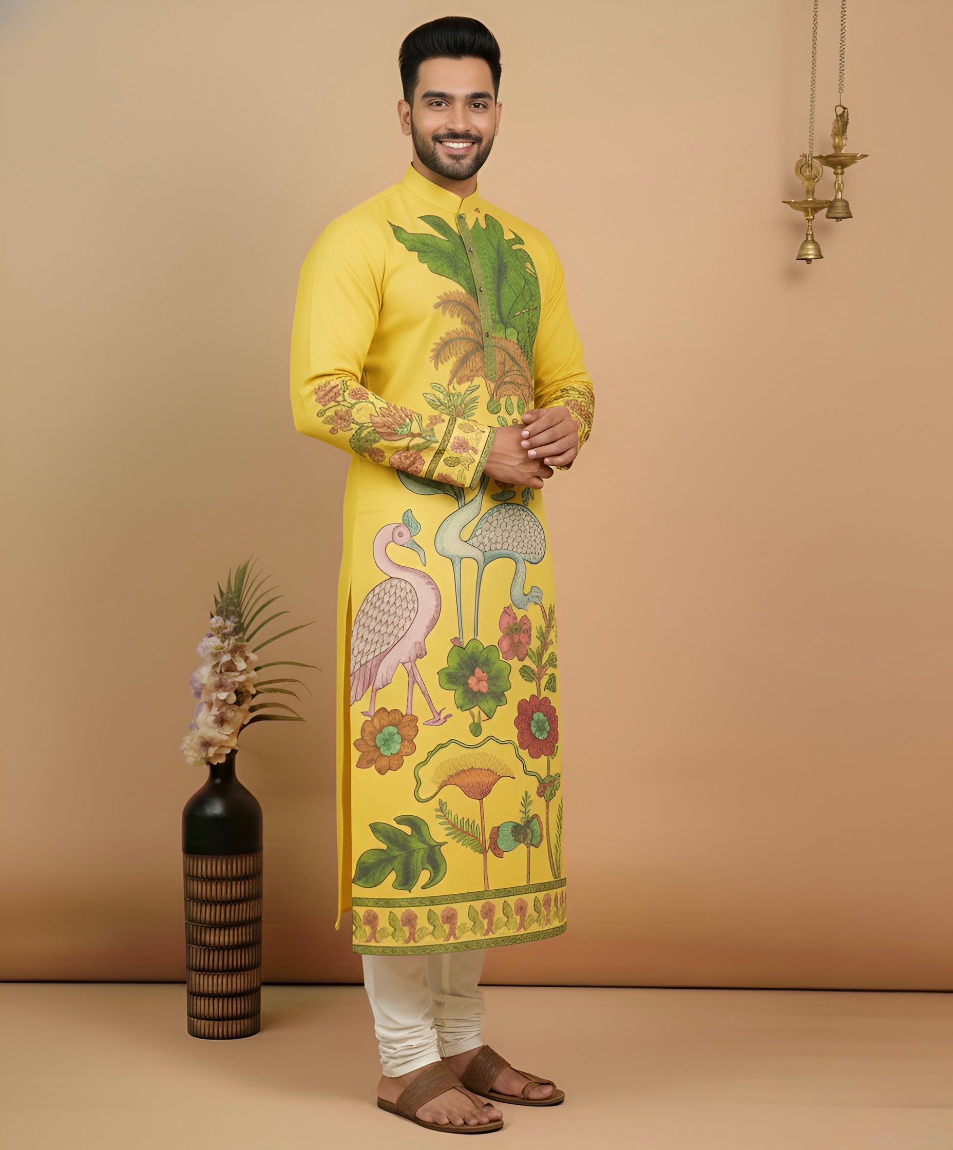 Men’s Yellow Kalamkari Swan Print Cotton Kurta | Ethnic Festive Wear