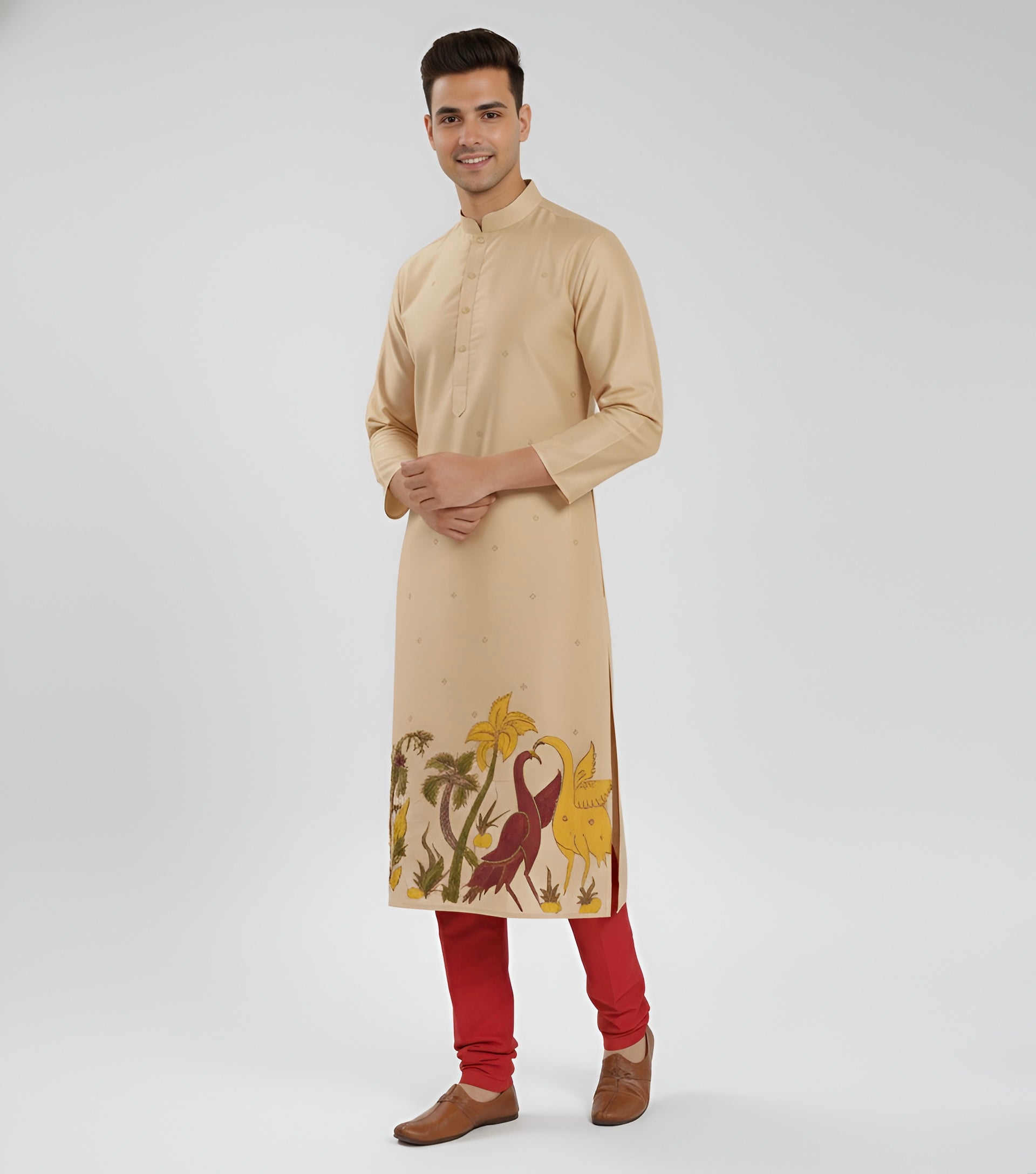 Men’s Beige Kalamkari Cotton Kurta – Premium Ethnic Wear for Festive & Traditional