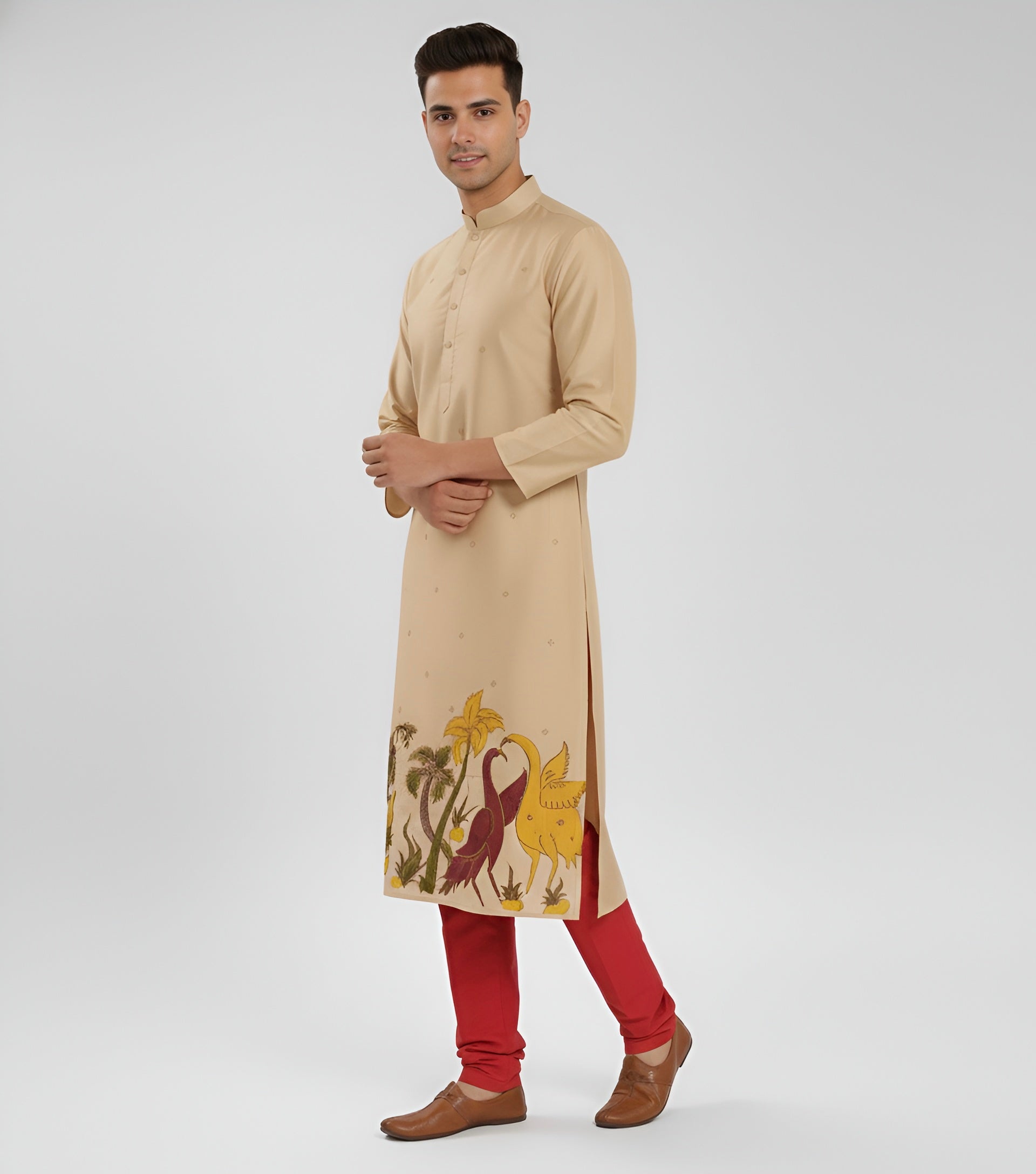Men’s Beige Kalamkari Cotton Kurta – Premium Ethnic Wear for Festive & Traditional