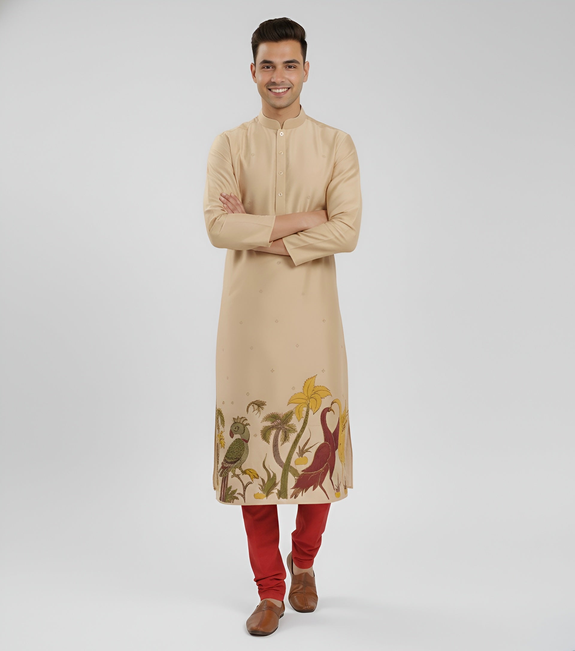 Men’s Beige Kalamkari Cotton Kurta – Premium Ethnic Wear for Festive & Traditional