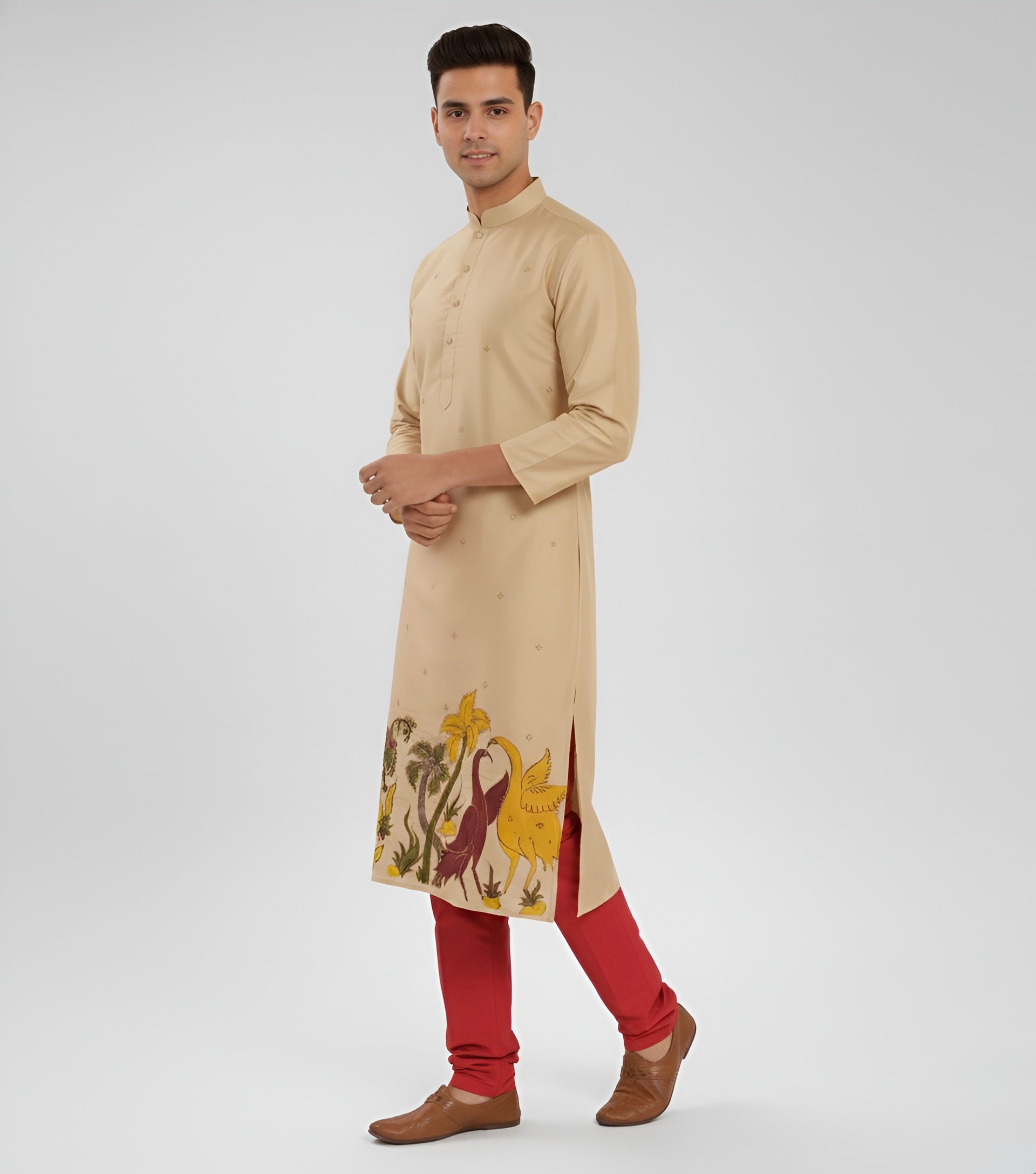 Men’s Beige Kalamkari Cotton Kurta – Premium Ethnic Wear for Festive & Traditional