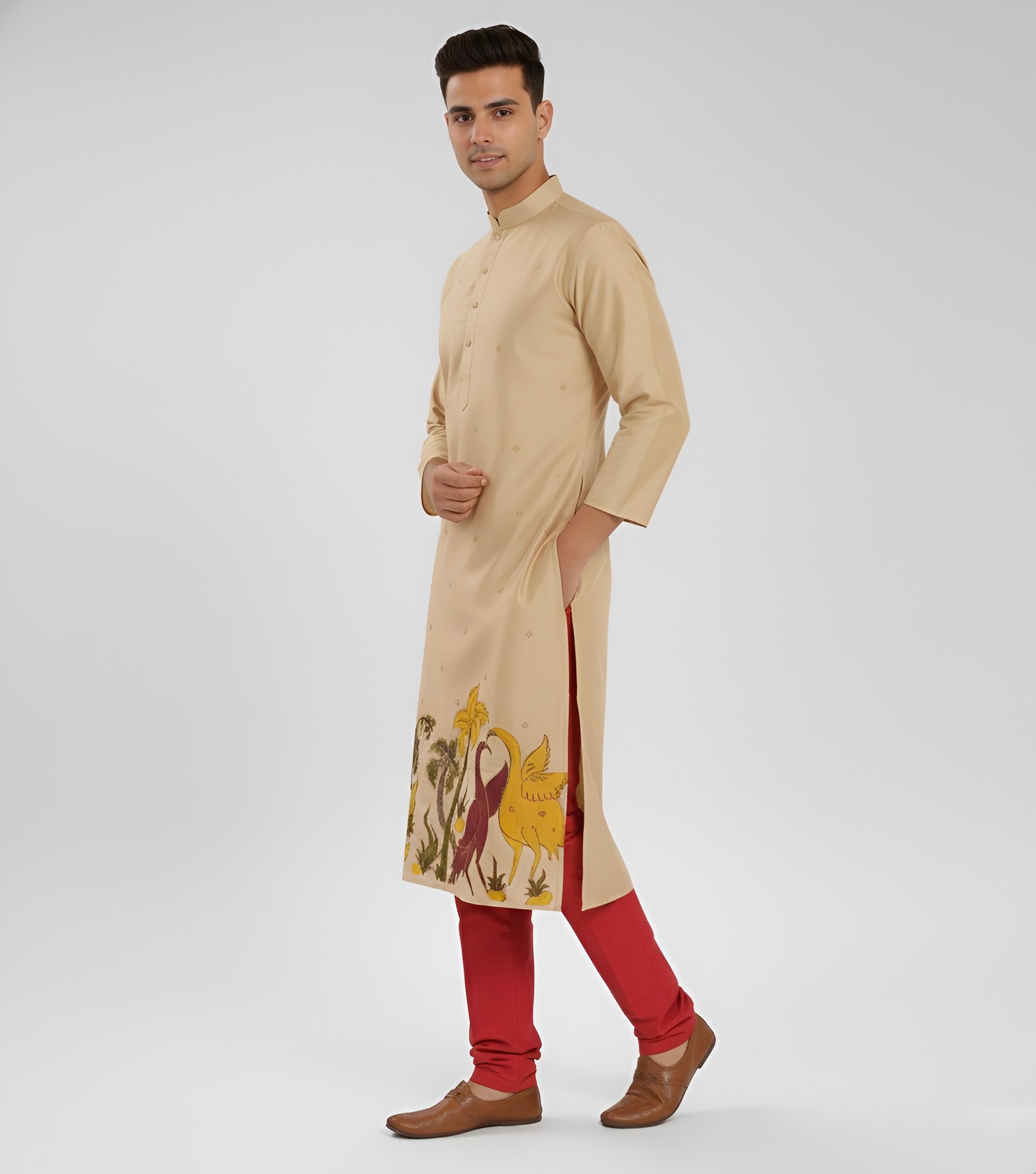 Men’s Beige Kalamkari Cotton Kurta – Premium Ethnic Wear for Festive & Traditional