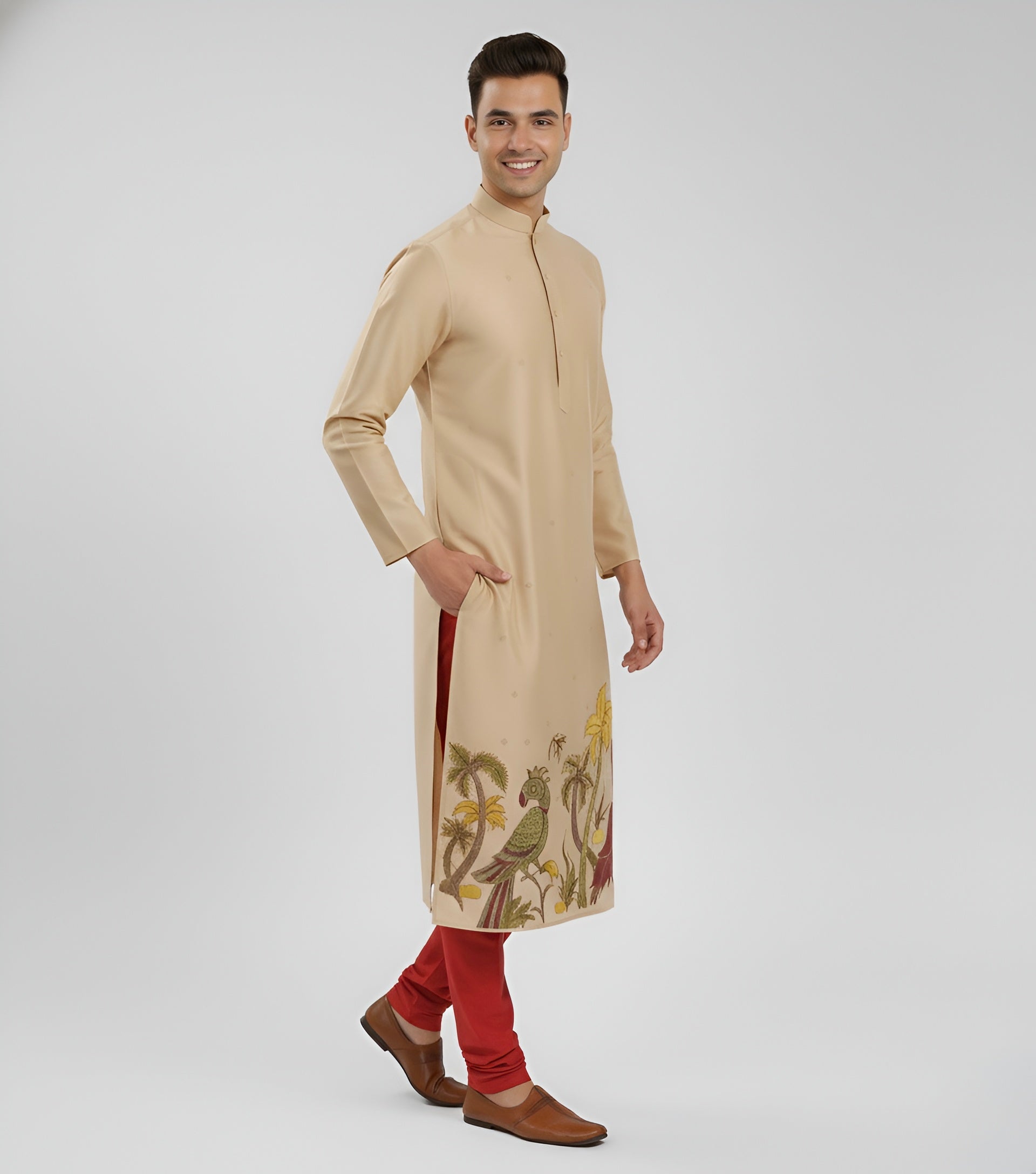 Men’s Beige Kalamkari Cotton Kurta – Premium Ethnic Wear for Festive & Traditional
