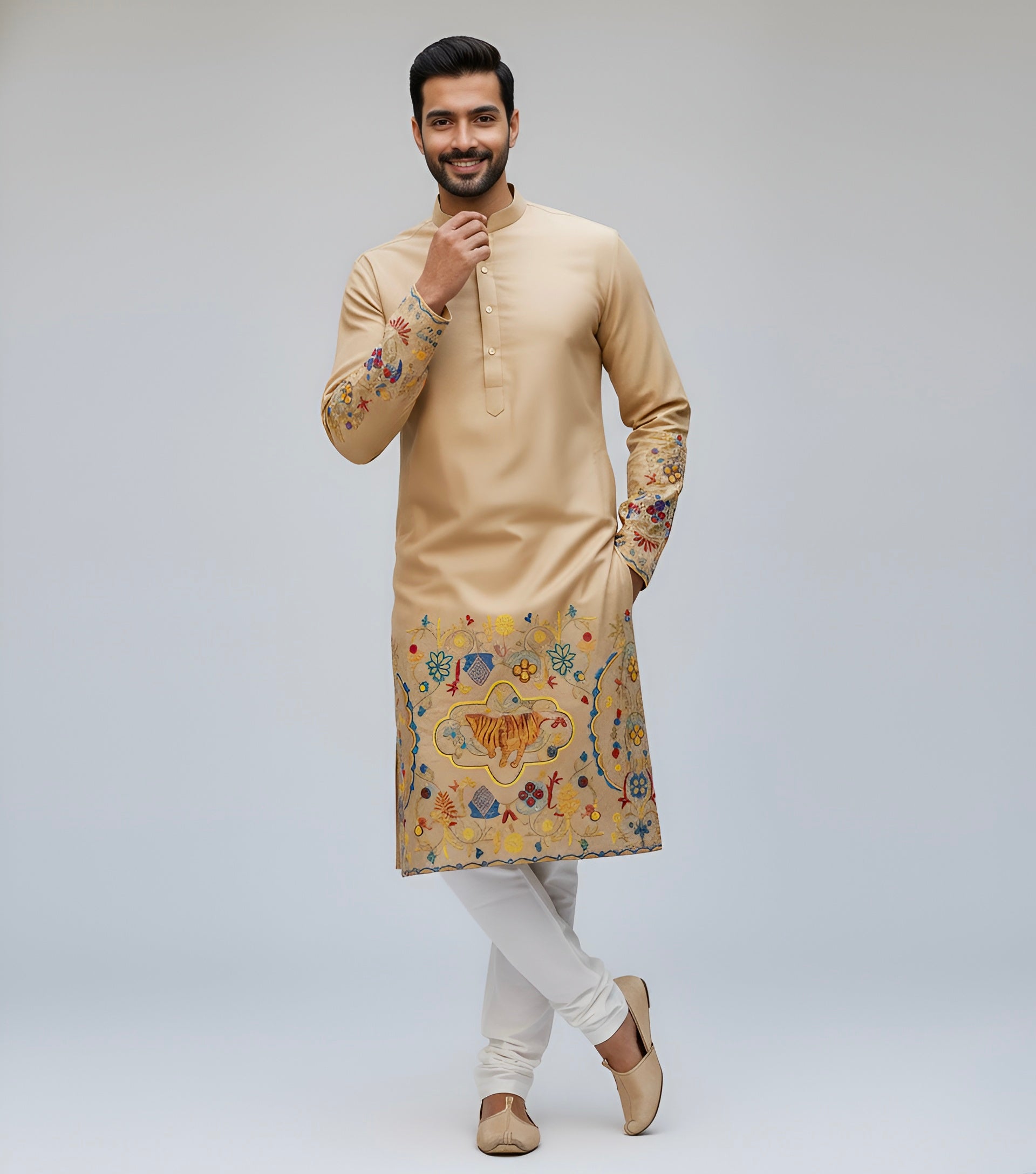 The Royal Bengal Kalamkari Kurta in Premium Cotton – Beige
