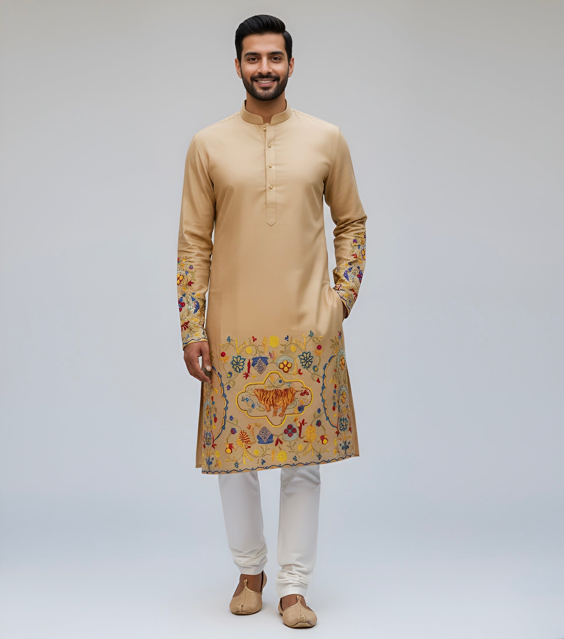 The Royal Bengal Kalamkari Kurta in Premium Cotton – Beige