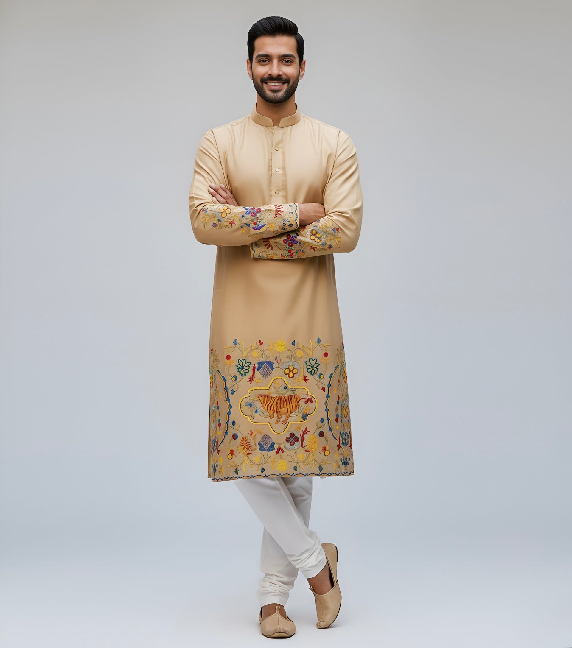 The Royal Bengal Kalamkari Kurta in Premium Cotton – Beige